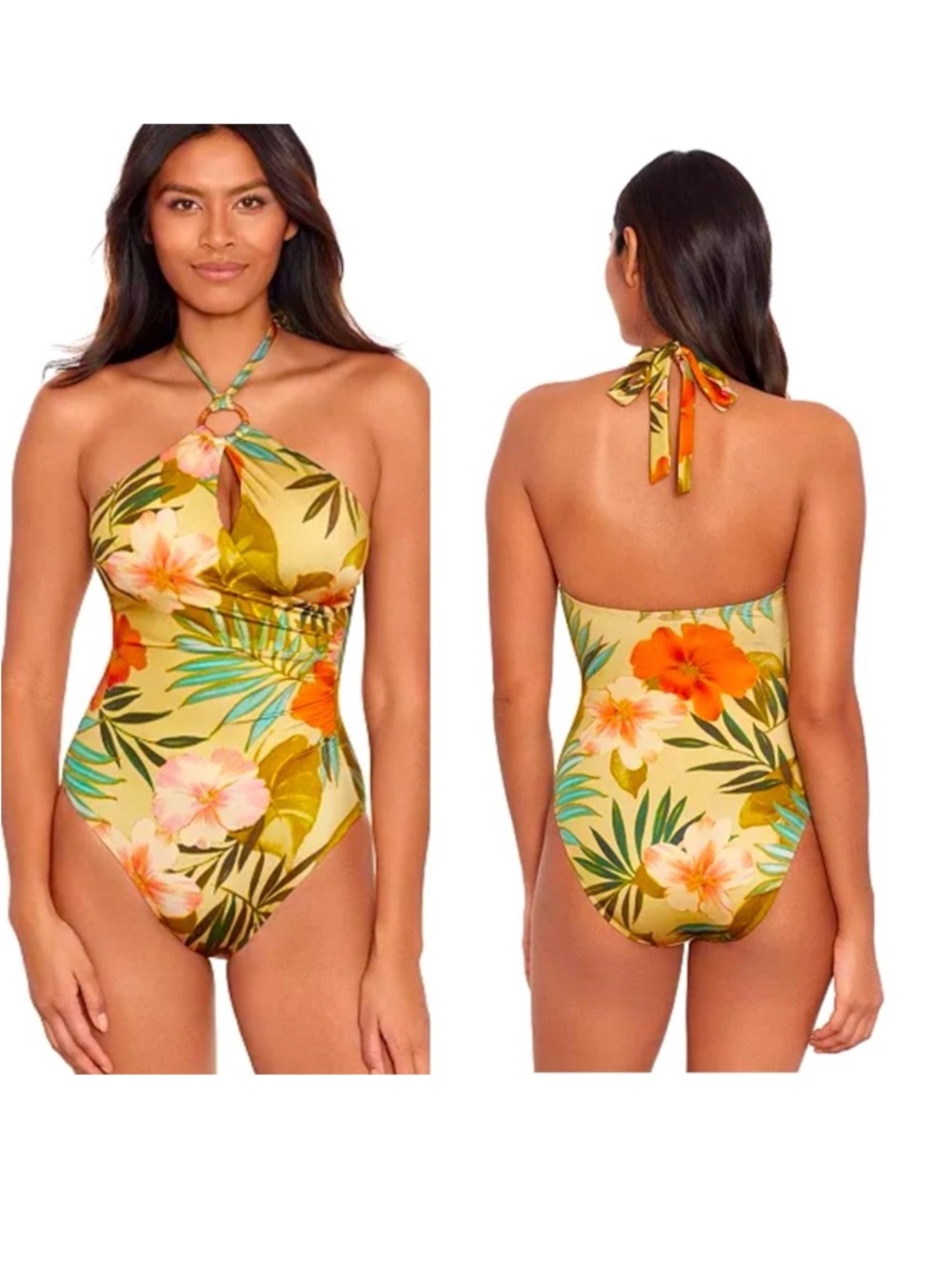 Lauren Ralph Lauren Yellow Tropical Floral Halter One-Piece Swimsuit